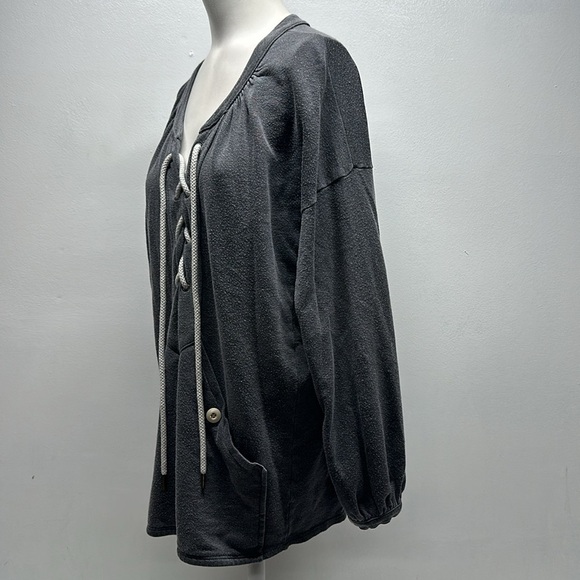 The Great Sweatshirt V-Neck Rope Lace Up Top Long Sleeve Pullover Gray Size 0 XS - Picture 6 of 10